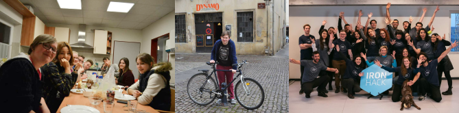 photo montage of me during a youth exchange, with my bike and with the colleagues from Ironhack