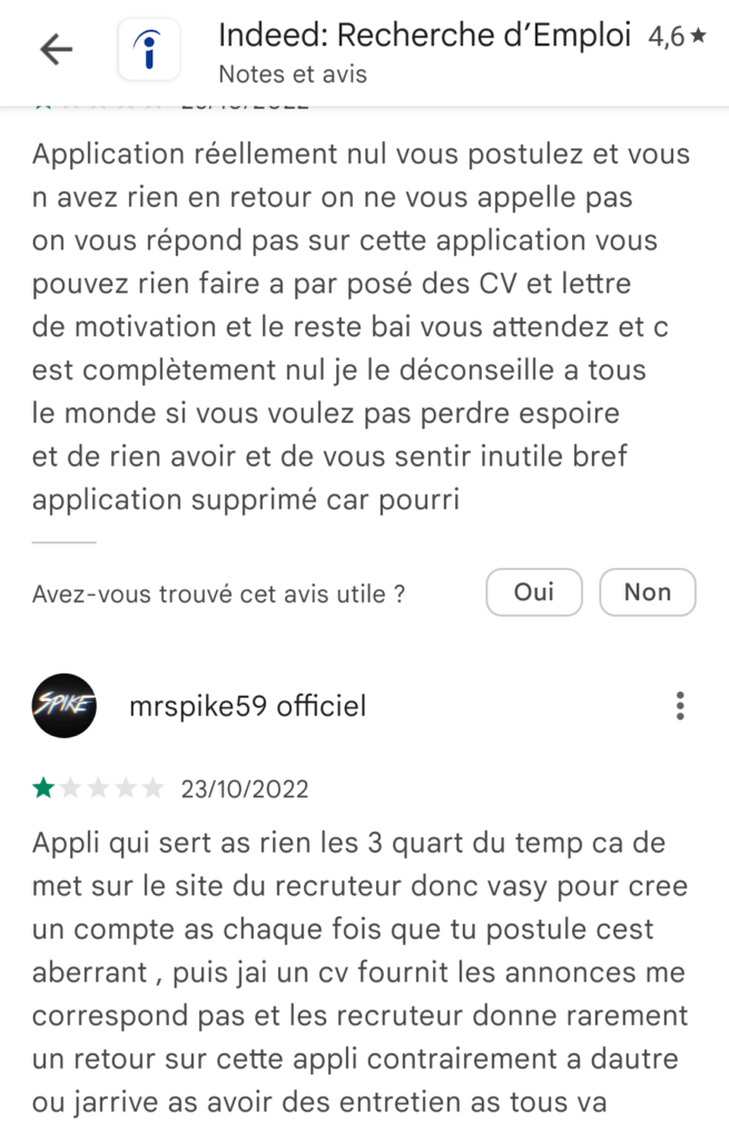 Reviews in French about the app on the app store